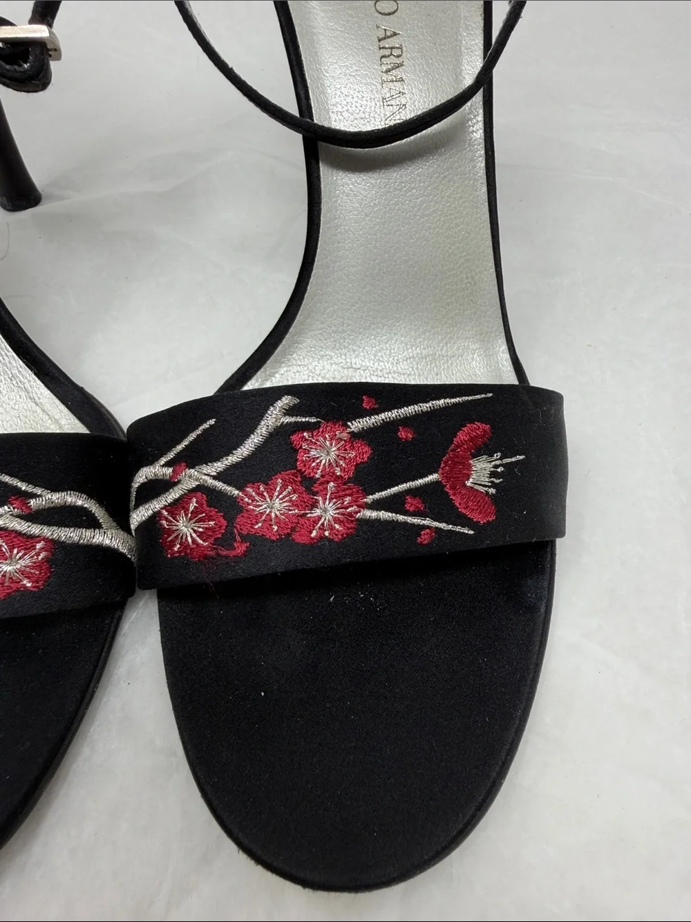Giorgio Armani Black Embroidered Floral Ankle-Strap Sandals Size 36.5